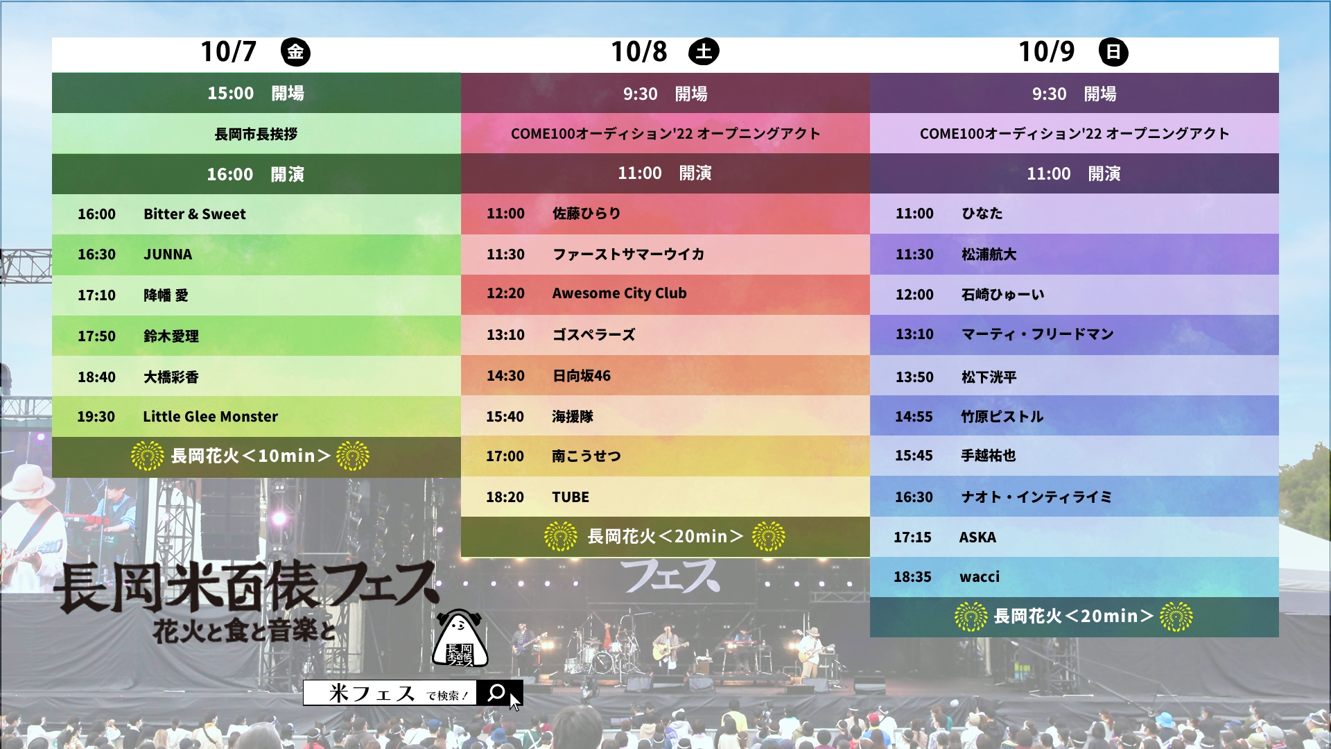 「長岡 米百俵フェス 〜花火と食と音楽と〜 2022 」タイムテーブル公開！